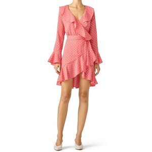 Cynthia Rowley Malibu Long Sleeve Polka Dot Wrap Mini Dress Pink White 10